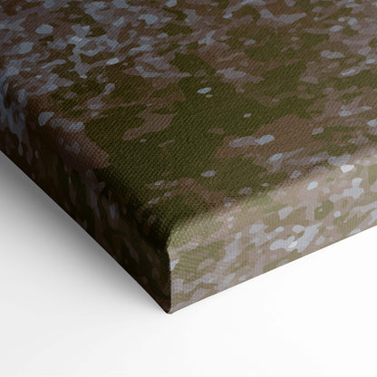 Boho abstract landscape canvas wall art with textured earthy camouflage pattern in olive green brown and gray tones
