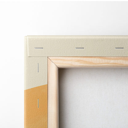 Beige and light wood canvas frame with textured fabric edges for boho abstract landscape wall art in teal mustard and earth tones