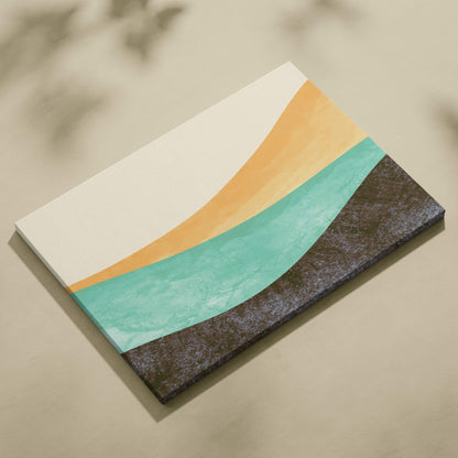 A modern abstract canvas painting with smooth cream orange teal curves on textured dark brown for boho wall art