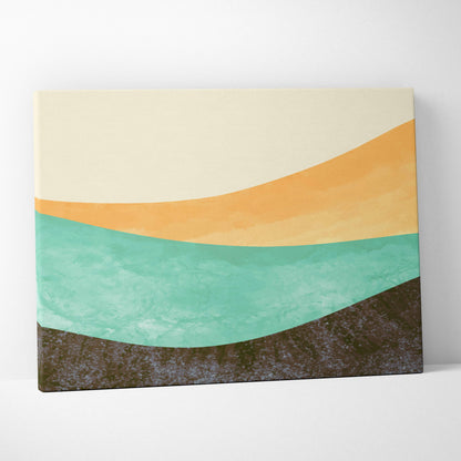 Boho abstract landscape canvas wall art featuring smooth flowing cream orange teal and dark brown bands for living room decor