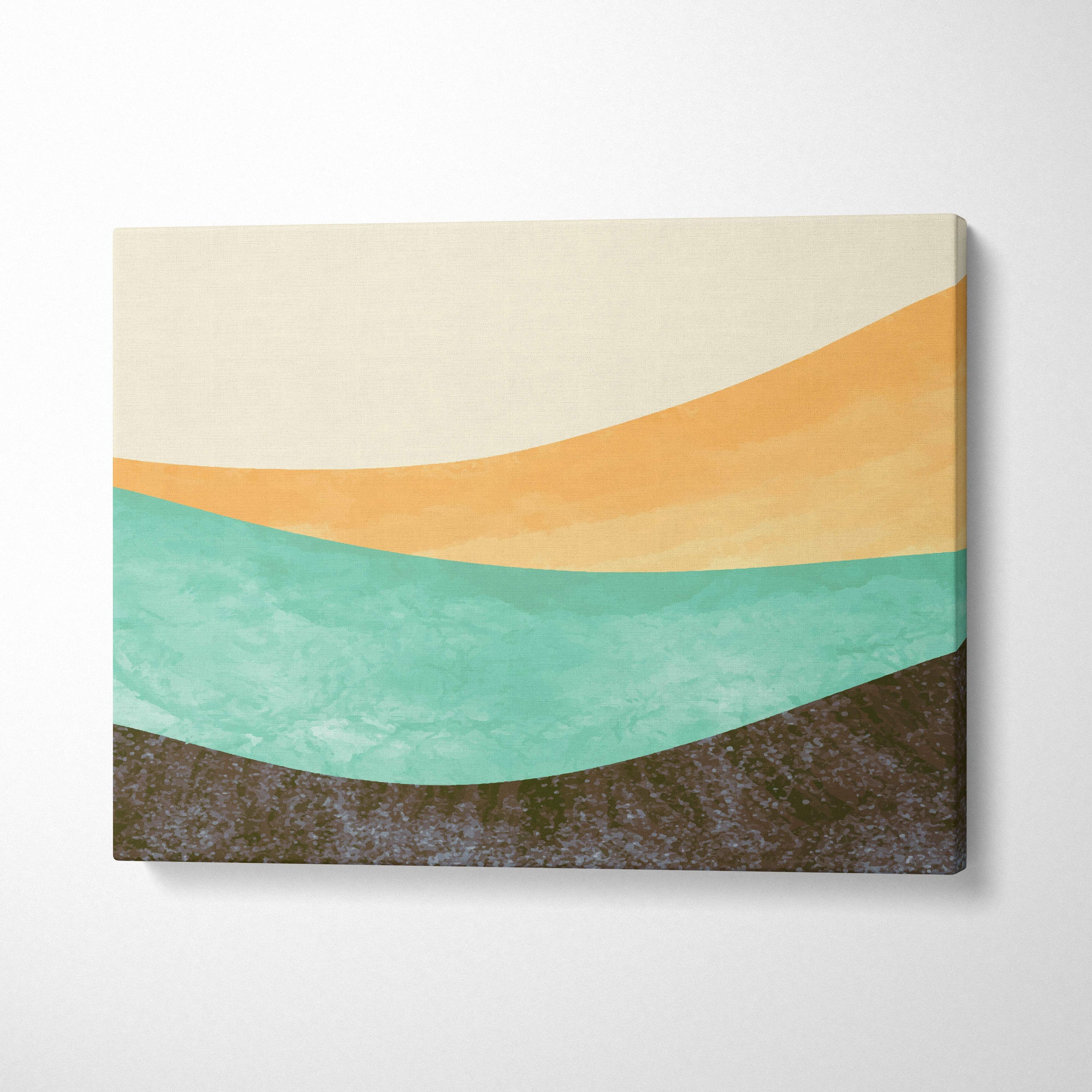 A modern abstract canvas wall art with smooth horizontal bands of cream orange teal and textured brown for boho decor