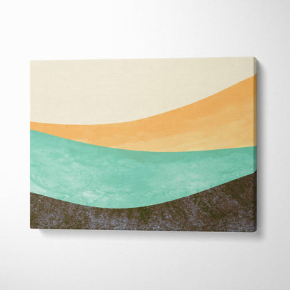 A modern abstract canvas wall art with smooth horizontal bands of cream orange teal and textured brown for boho decor