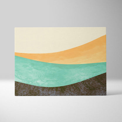 Boho abstract landscape canvas wall art with smooth cream orange teal and textured dark brown bands for modern decor