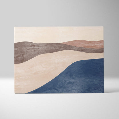 Modern abstract canvas wall art with layered wavy beige taupe and deep navy bands featuring textured stone finish