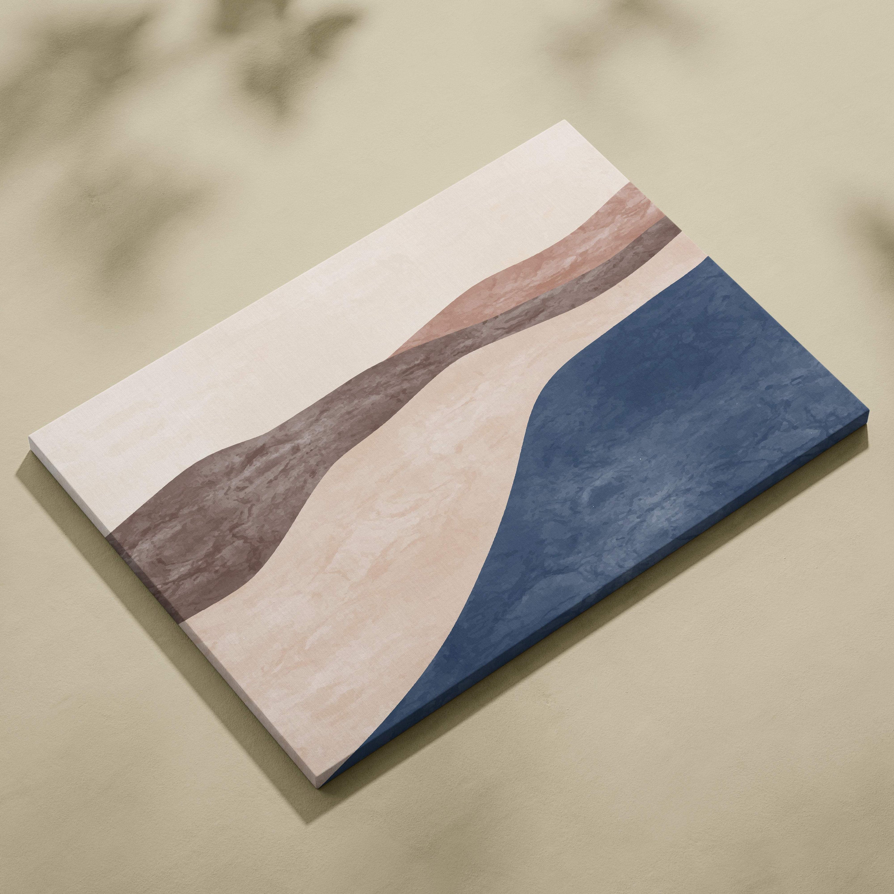 Modern abstract canvas painting with flowing curves in beige taupe and deep navy for boho living room decor