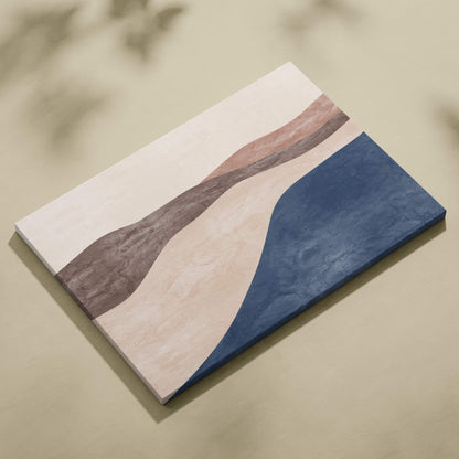 Modern abstract canvas painting with flowing curves in beige taupe and deep navy for boho living room decor