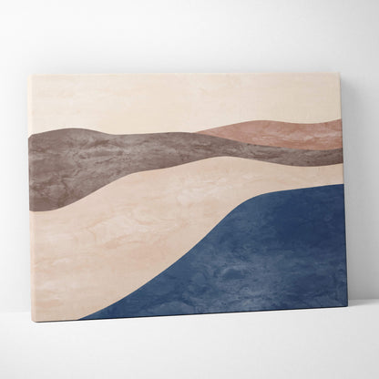 Boho abstract landscape canvas wall art with layered beige taupe and deep navy flowing bands in textured matte finish