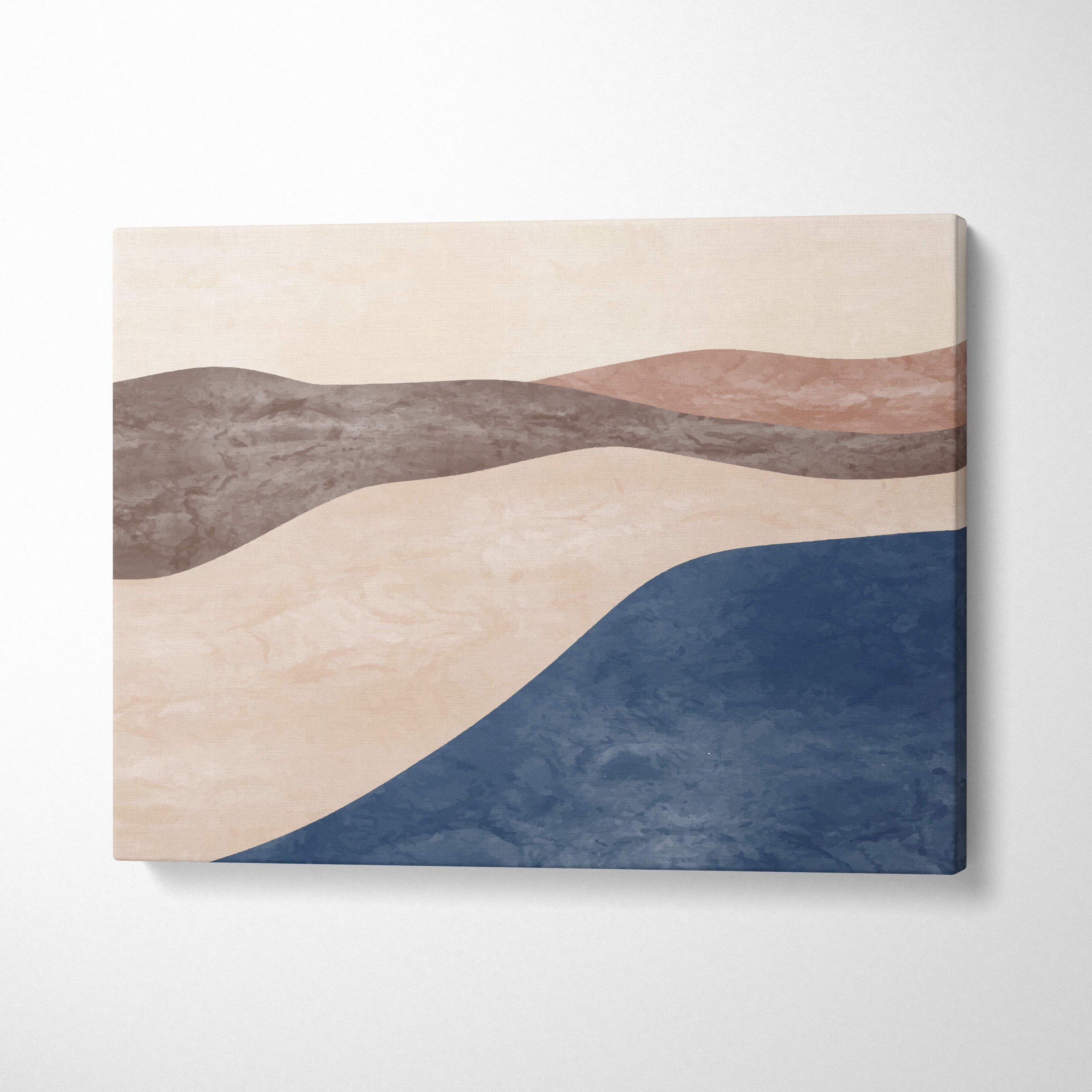 Beige brown and navy blue abstract landscape canvas wall art with textured waves in modern earth tone boho decor