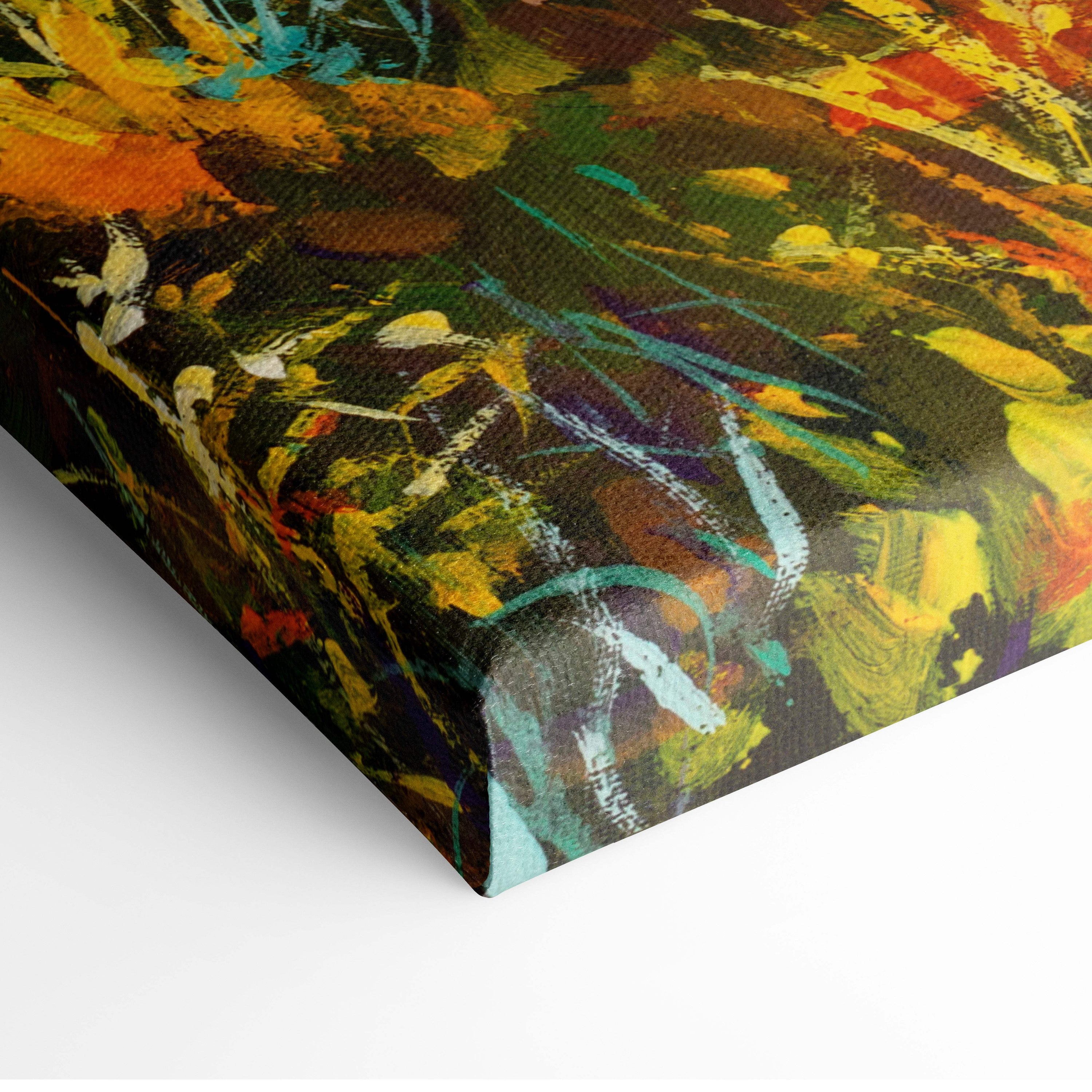 Vibrant golden sunrise meadow canvas print with bold yellow orange teal and black brushstrokes on textured fabric