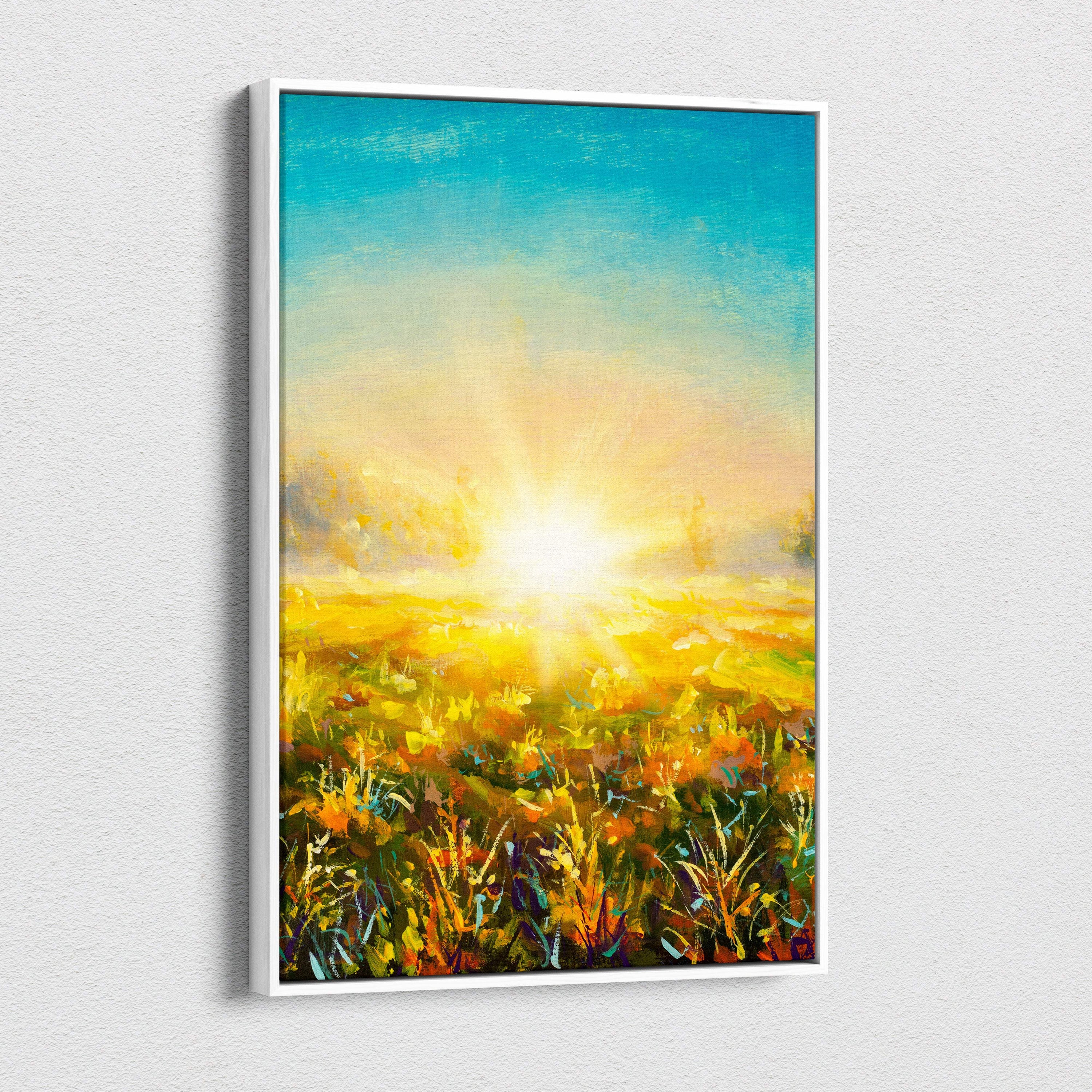 A vibrant golden sunrise meadow canvas print with warm yellow fields and a turquoise sky in oil painting style