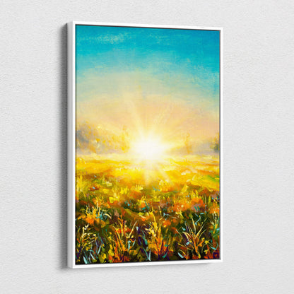 A vibrant golden sunrise meadow canvas print with warm yellow fields and a turquoise sky in oil painting style