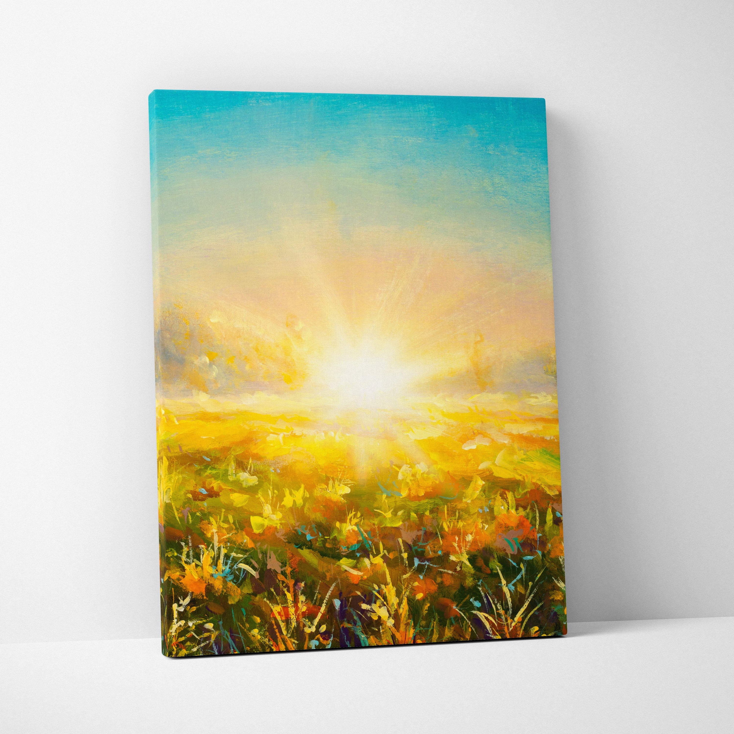 Golden sunrise meadow canvas print showing a vibrant oil painting of sunlit wildflowers and a soft blue sky