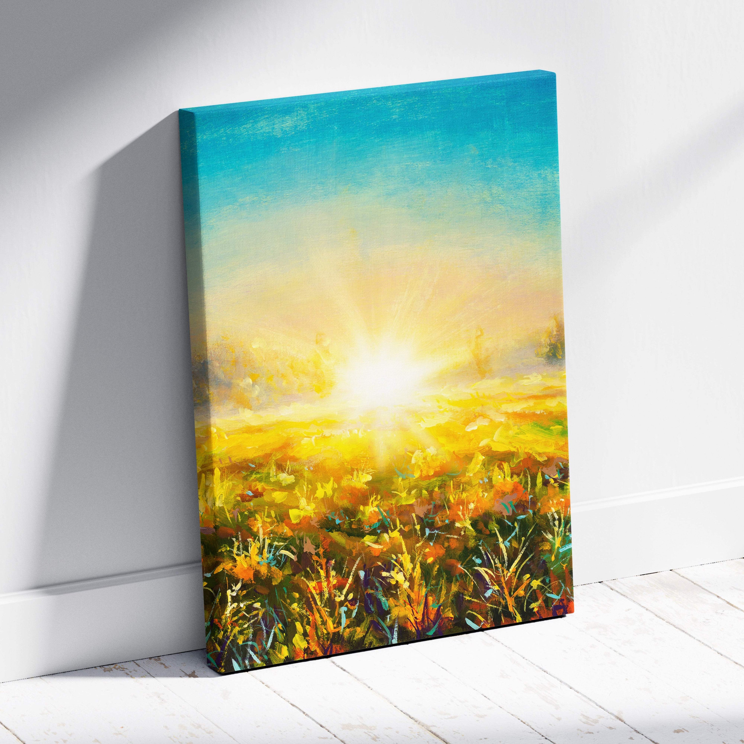 Vibrant golden sunrise meadow canvas print featuring sunlit yellow fields and a teal sky in oil painting style
