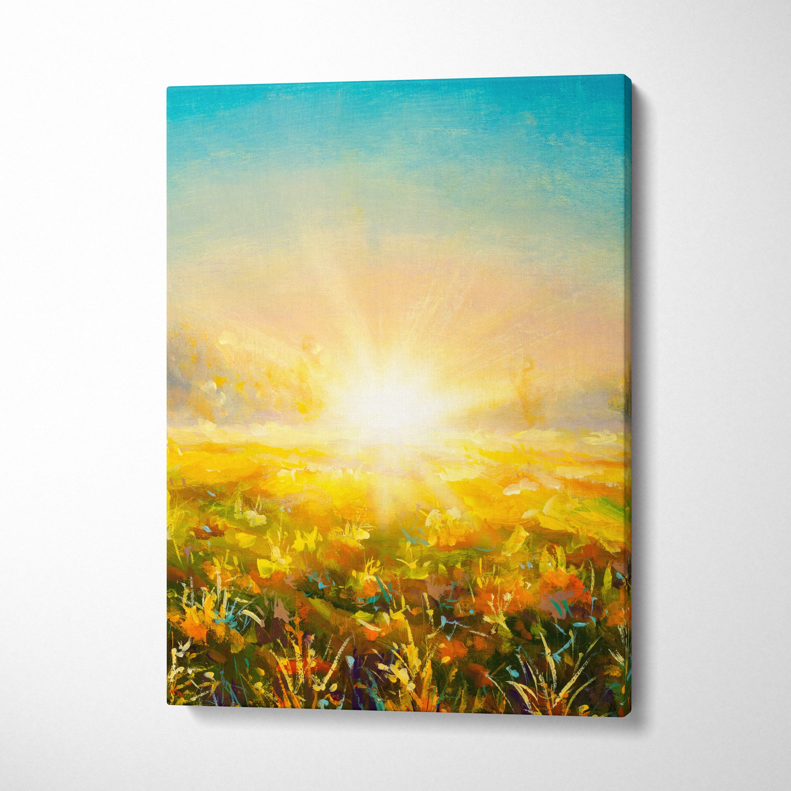 Vibrant golden sunrise meadow canvas print featuring warm yellow fields wildflowers and soft blue sky in oil painting style