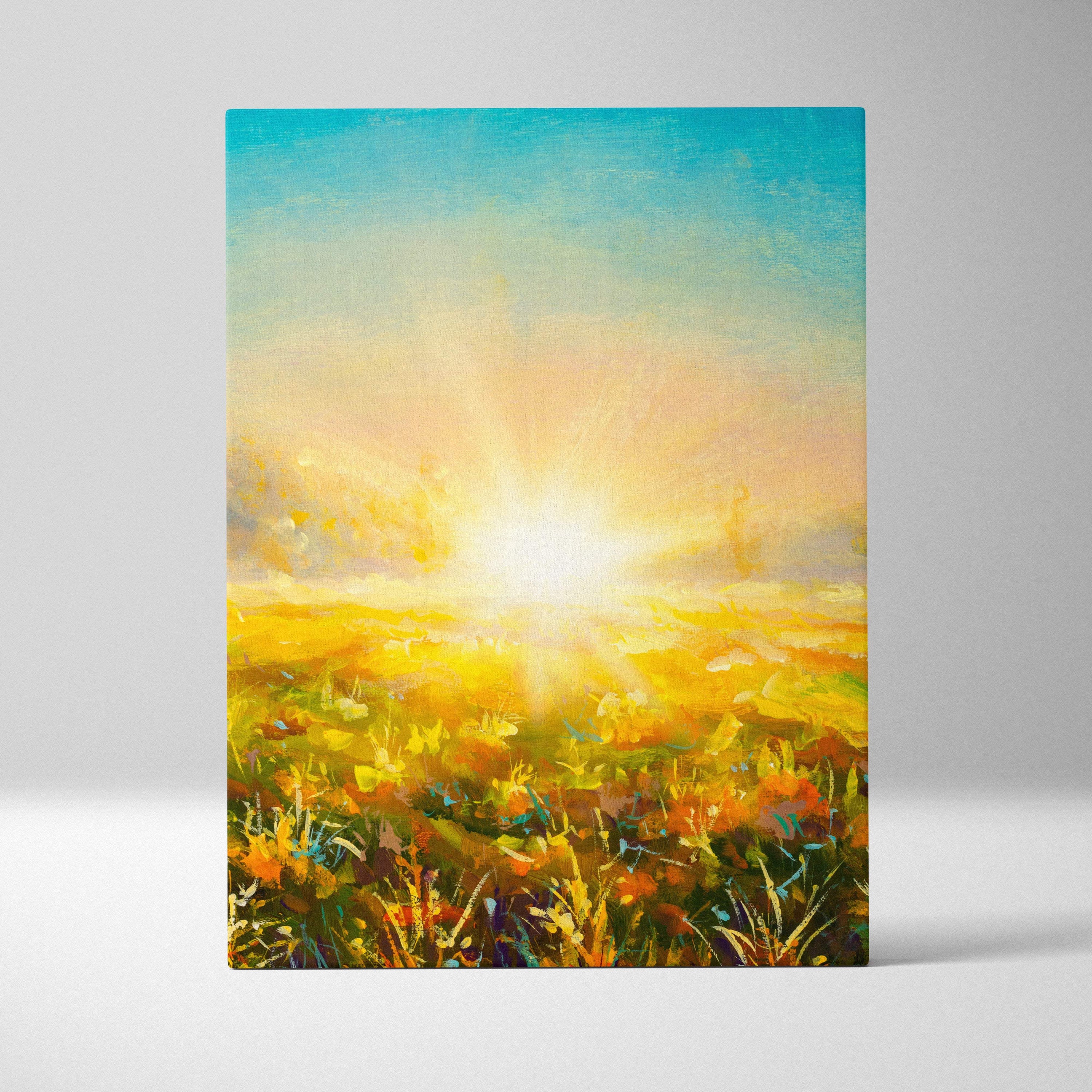 Vibrant golden sunrise meadow canvas print featuring sunlit golden and orange flowers under a blue to yellow sky