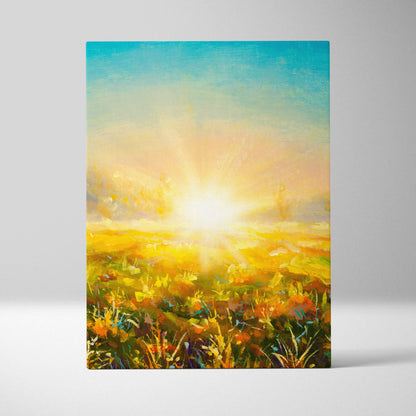 Vibrant golden sunrise meadow canvas print featuring sunlit golden and orange flowers under a blue to yellow sky