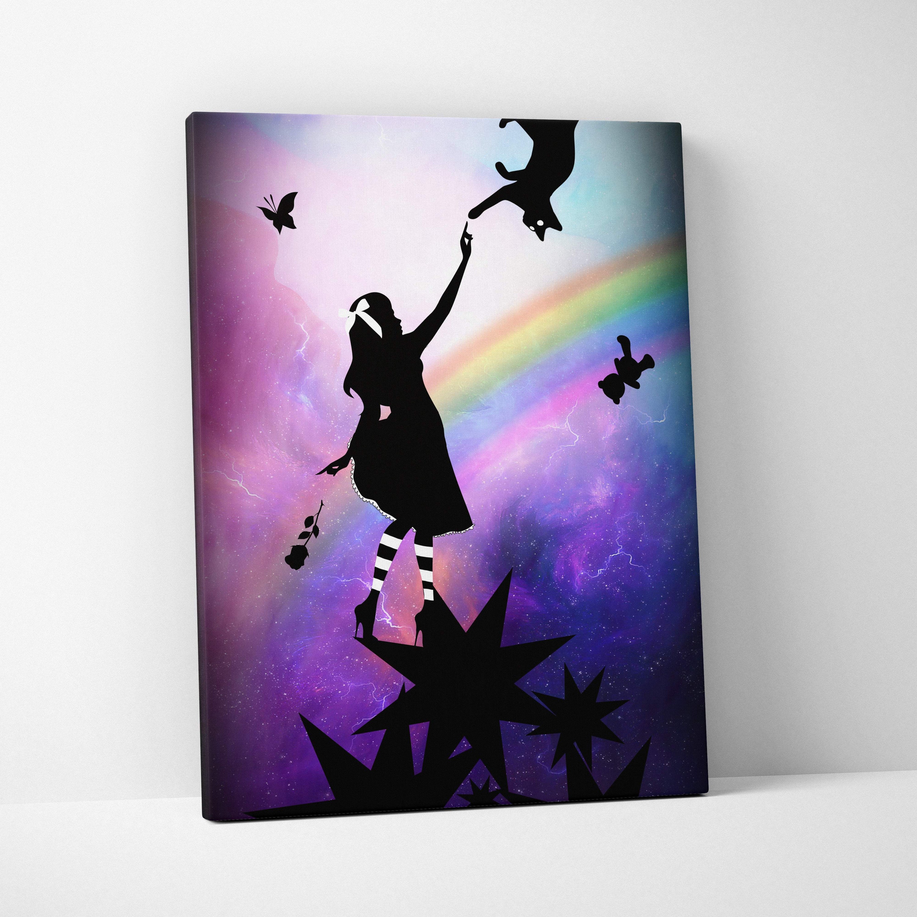 Purple rainbow girl silhouette canvas wall art with black girl figure and cosmic background for kids room decor