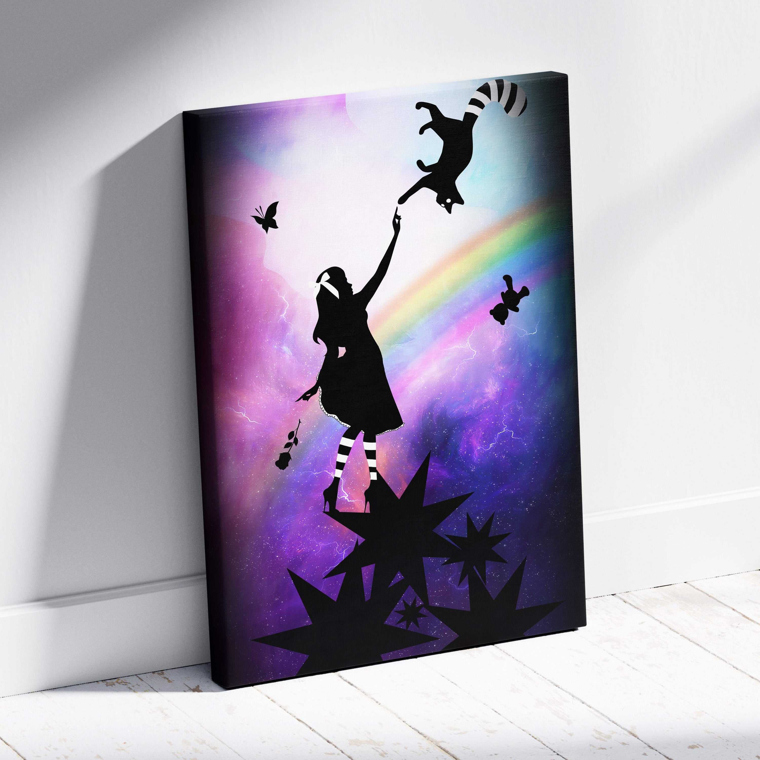 Vibrant purple canvas wall art featuring a girl silhouette reaching for a raccoon with rainbow and cosmic patterns