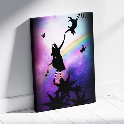 Vibrant purple canvas wall art featuring a girl silhouette reaching for a raccoon with rainbow and cosmic patterns
