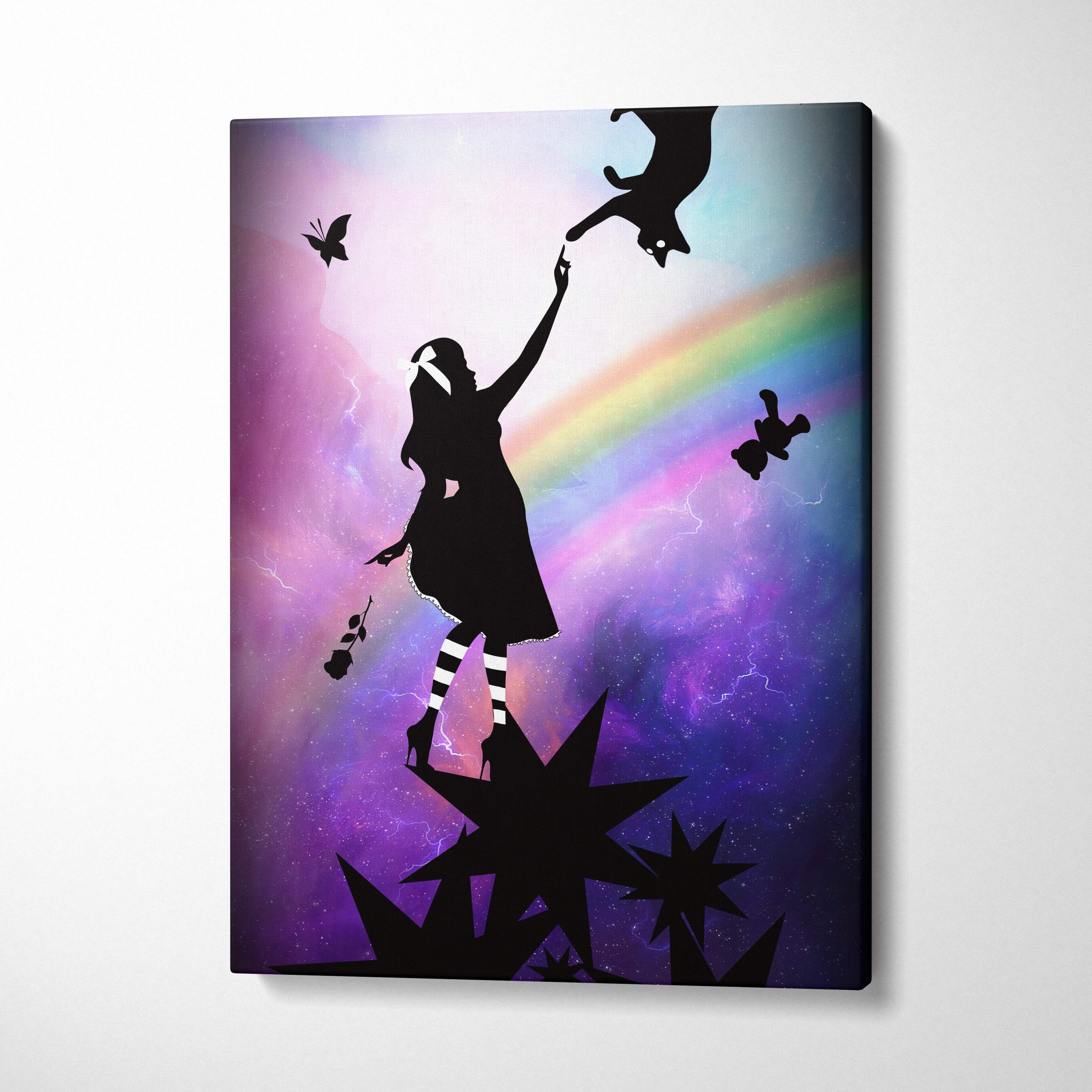 Black silhouette canvas print of a girl reaching for a cat with a vibrant purple rainbow cosmic background for nursery decor