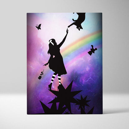Black silhouette canvas print of a girl reaching for a cat with purple rainbow cosmic background for kids room decor