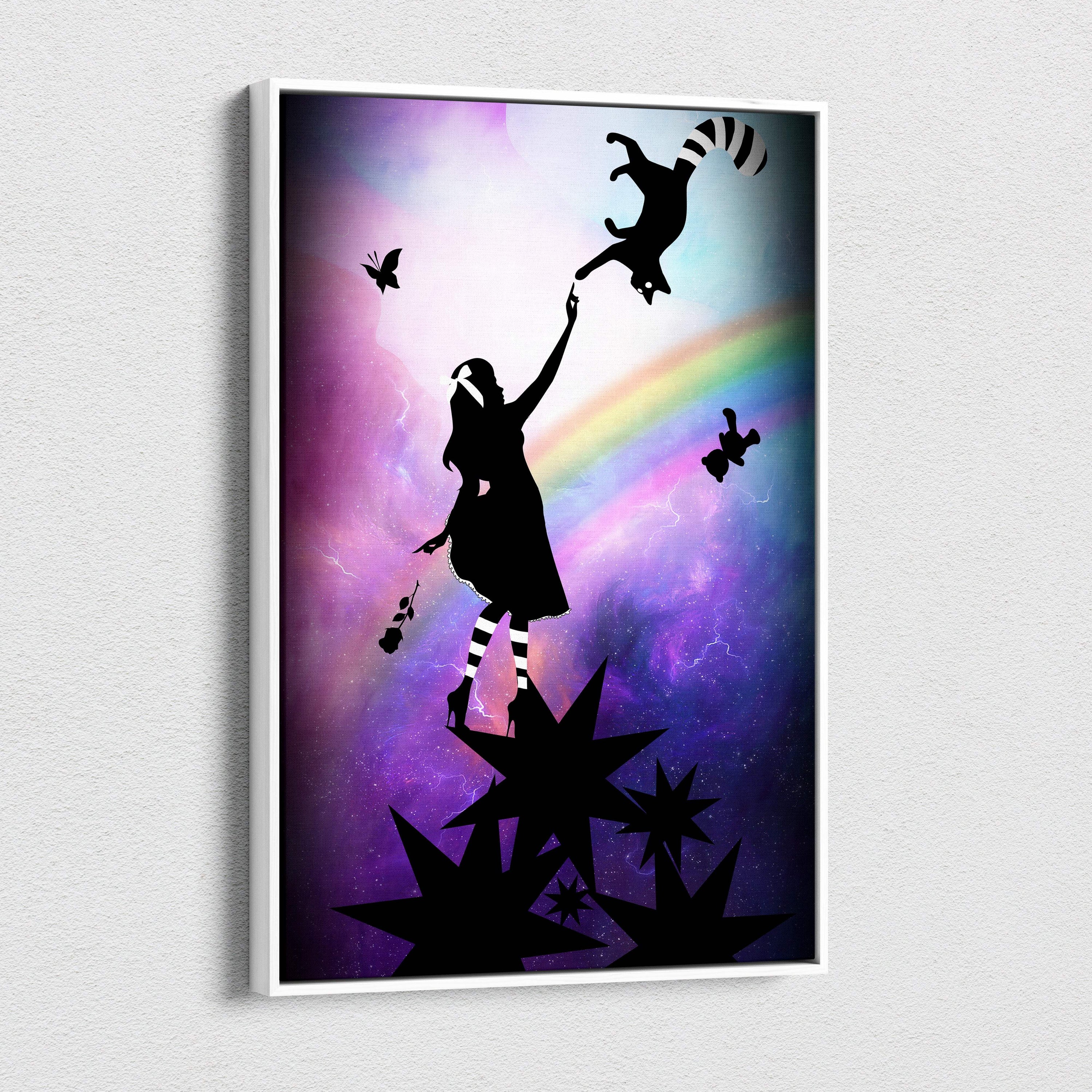 A framed purple rainbow girl silhouette canvas print with alice and cheshire cat on a cosmic background for nursery decor