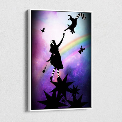 A framed purple rainbow girl silhouette canvas print with alice and cheshire cat on a cosmic background for nursery decor