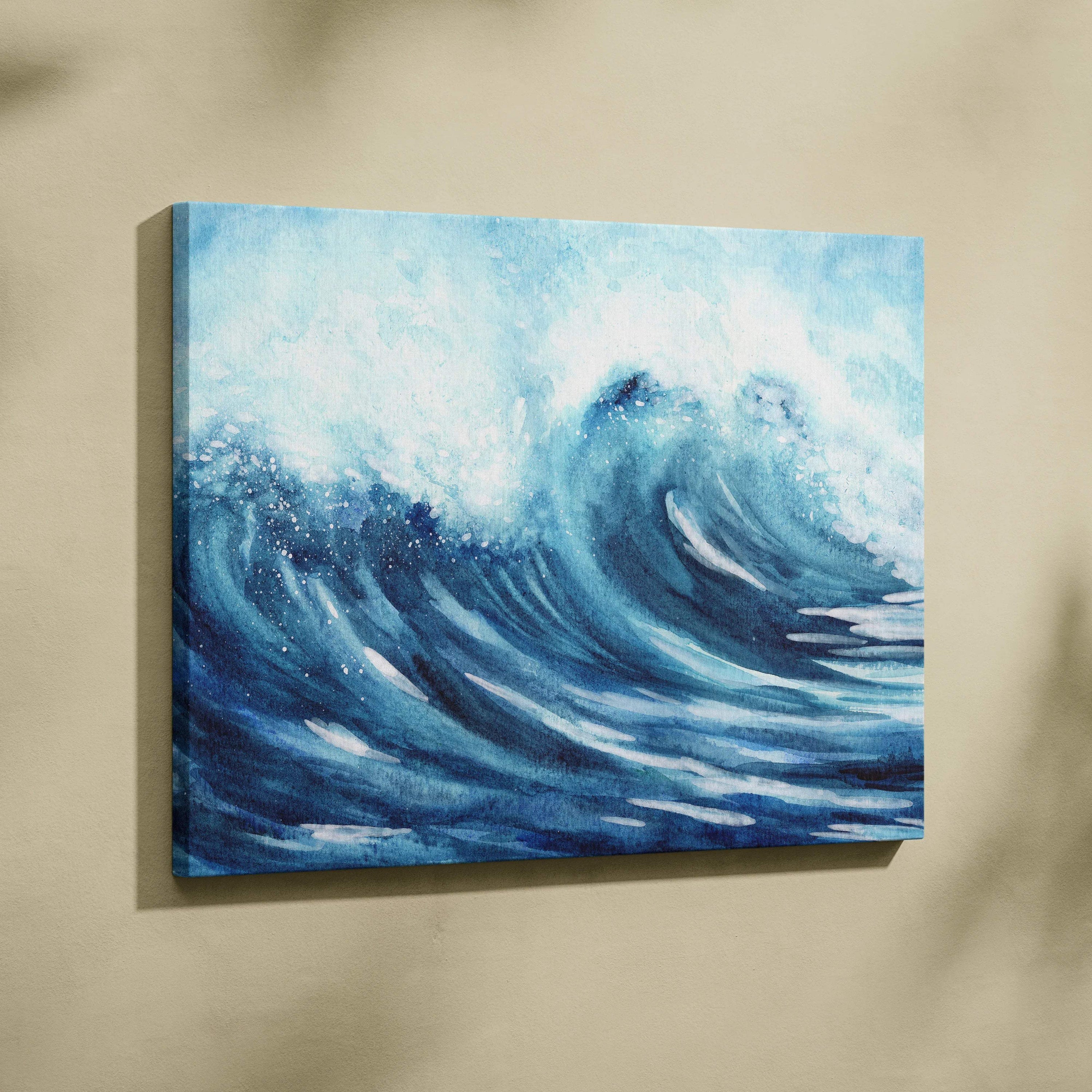 Expressive deep blue turquoise ocean wave canvas wall art with white foam