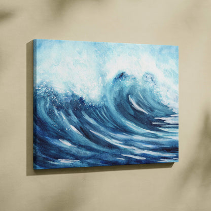 Expressive deep blue turquoise ocean wave canvas wall art with white foam