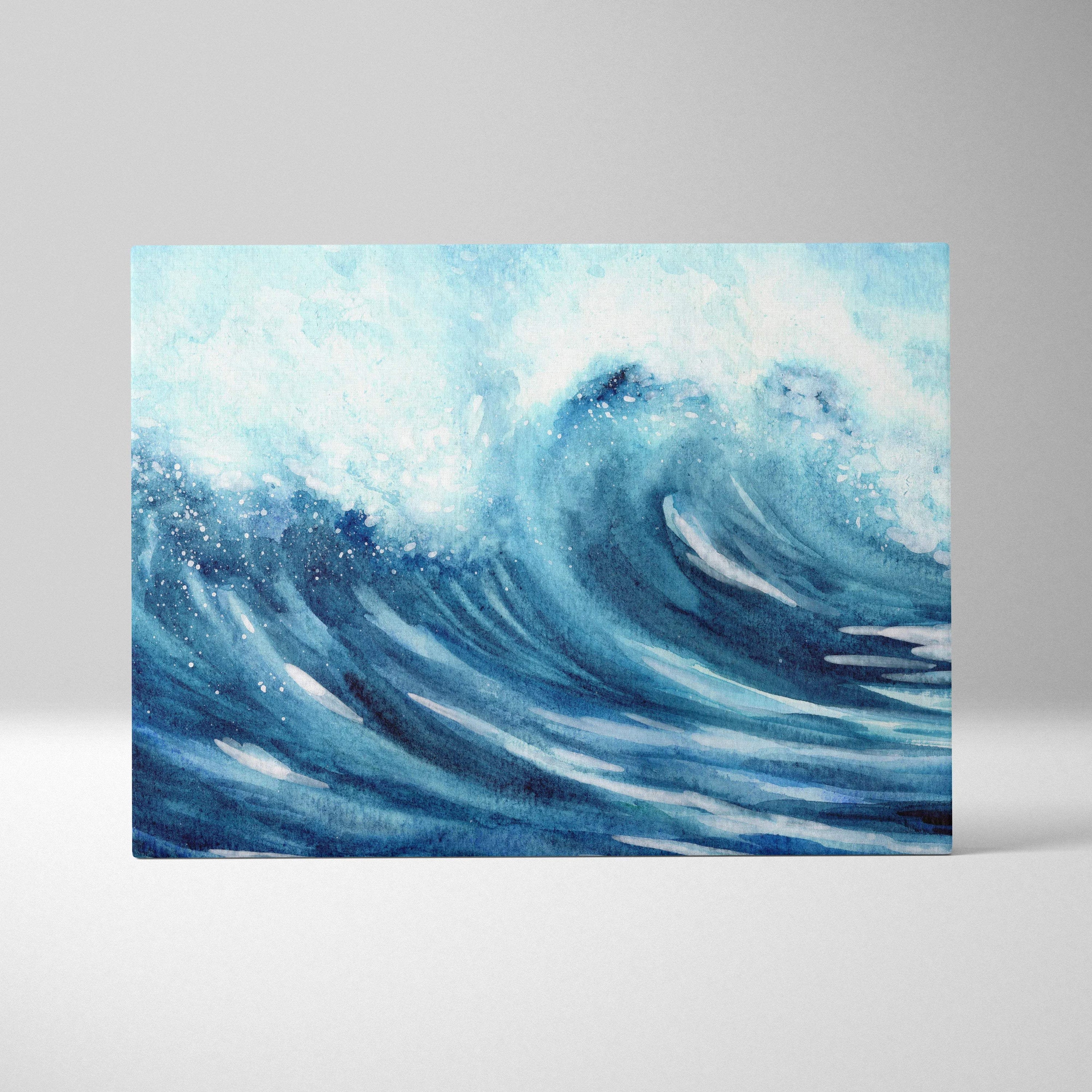 Expressive watercolor ocean wave canvas wall art in deep blue turquoise tones with white foam