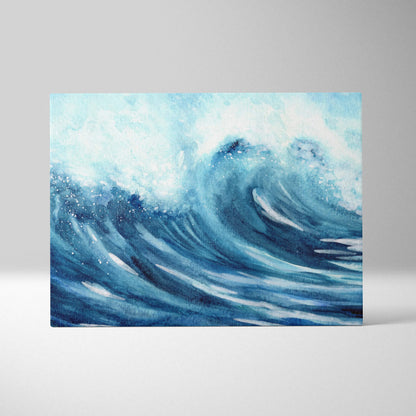 Expressive watercolor ocean wave canvas wall art in deep blue turquoise tones with white foam
