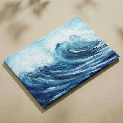 Expressive deep blue turquoise ocean wave canvas wall art with white foam