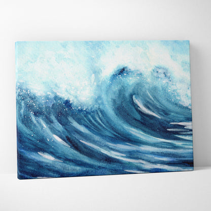 Vibrant deep blue turquoise watercolor ocean wave canvas wall art