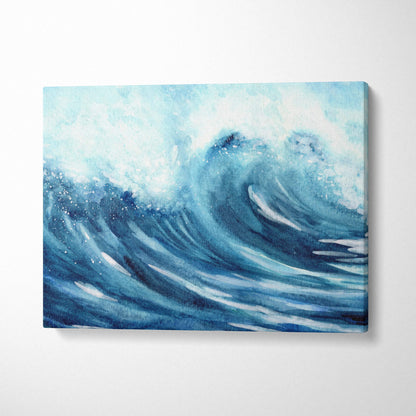 Vibrant deep blue turquoise watercolor ocean wave canvas art with white foam