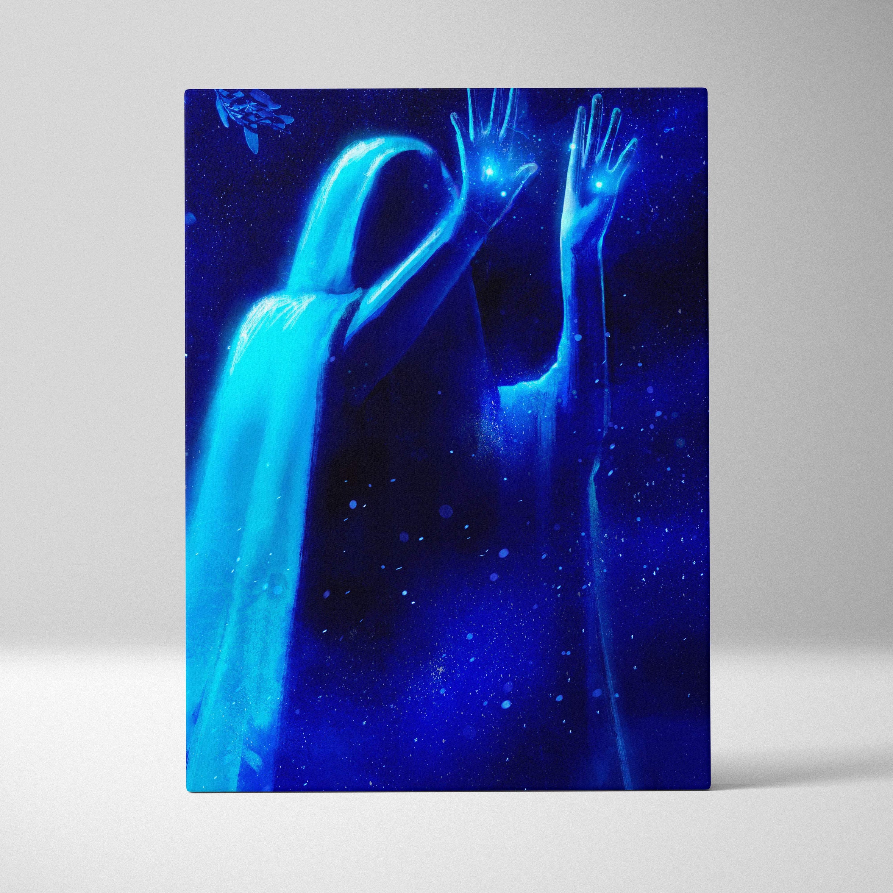 Cosmic soul ascension canvas art featuring a blue glowing spirit figure with ethereal hands against a starry background