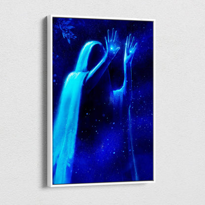 A framed cosmic soul ascension canvas art featuring a glowing blue spirit figure with outstretched hands against a starry sky