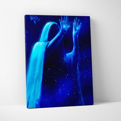 Cosmic soul ascension canvas art features a blue glowing spirit figure with ethereal hands against a starry background