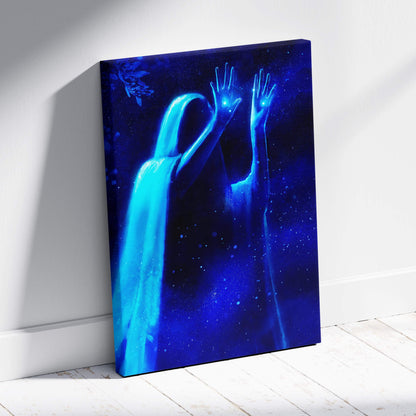 Blue canvas print featuring a glowing ethereal spirit figure with outstretched hands against a starry cosmic background