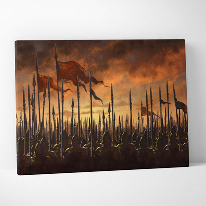 Canvas print of a dramatic medieval army battlefield with silhouetted spears and war banners at orange sunset sky
