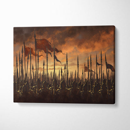 Canvas print of epic medieval battlefield scene with silhouetted spears flags against orange sunset sky wall decor