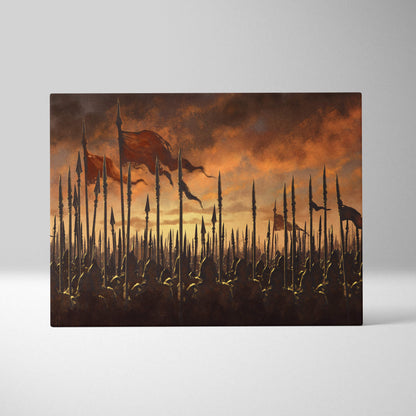 Epic medieval army battlefield canvas art with silhouetted spears and war banners against an orange sunset sky