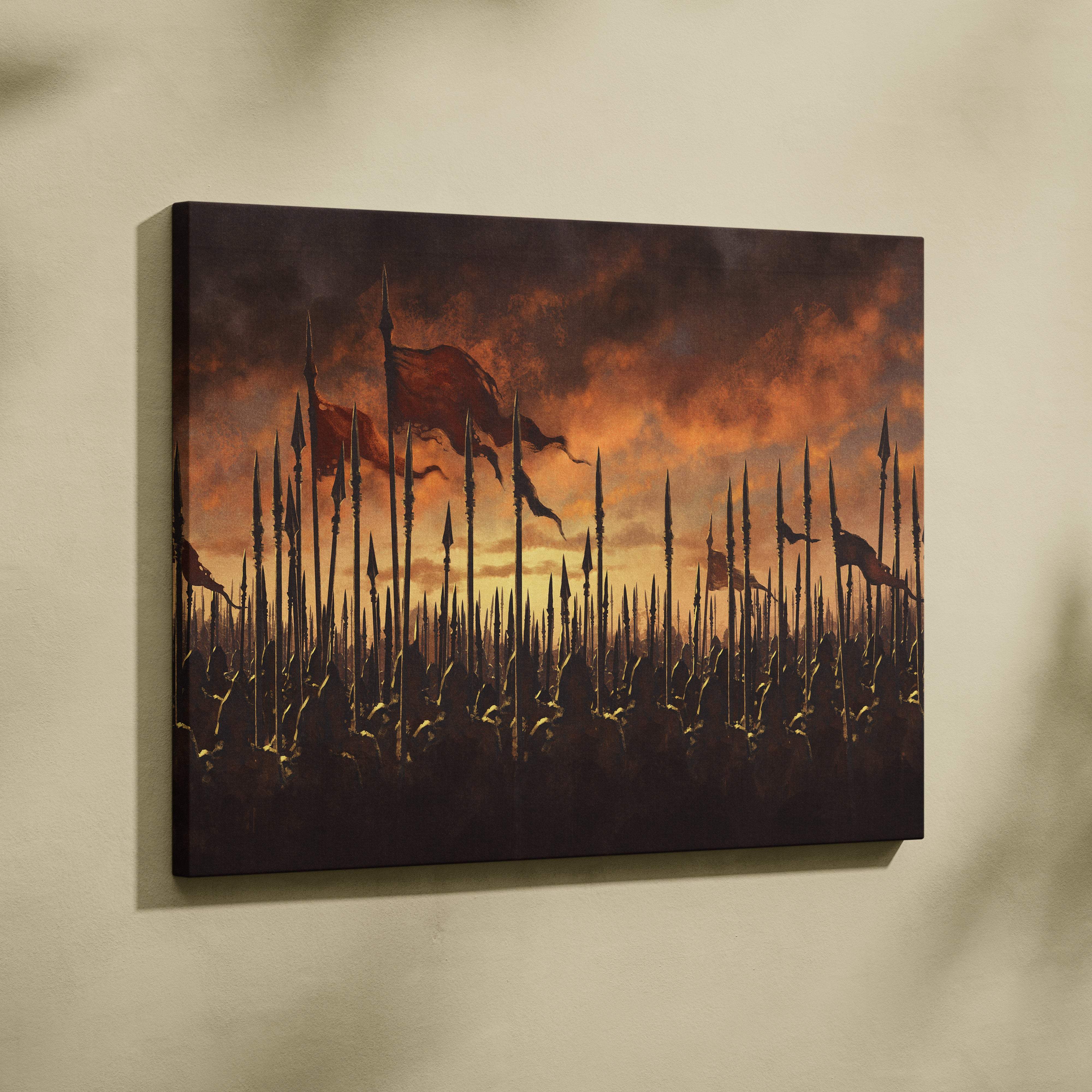 A rectangular canvas print of an epic medieval army battlefield with silhouetted spears and war banners at orange sunset