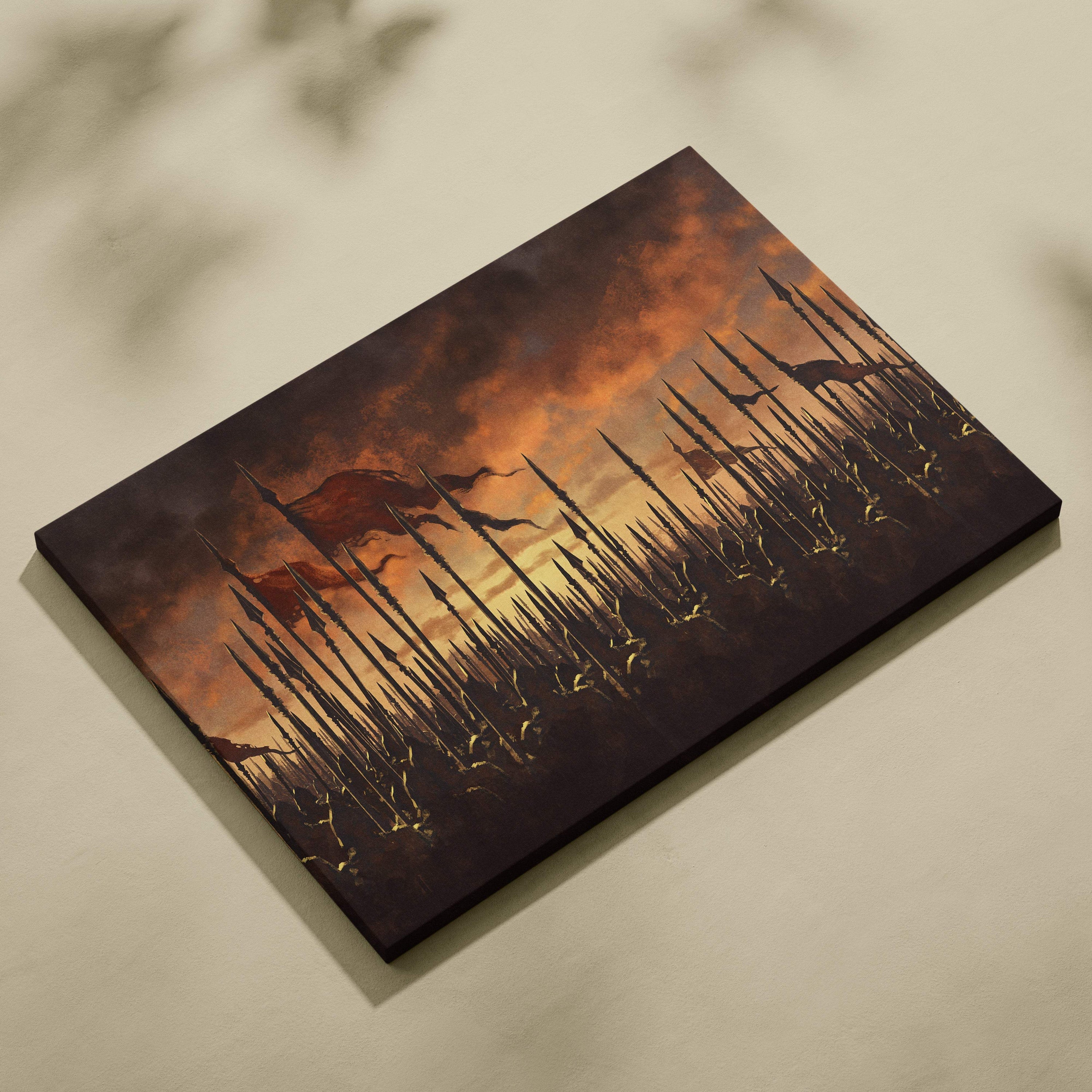Canvas print showing epic medieval army battlefield with silhouetted spears and war banners at sunset in dark sky
