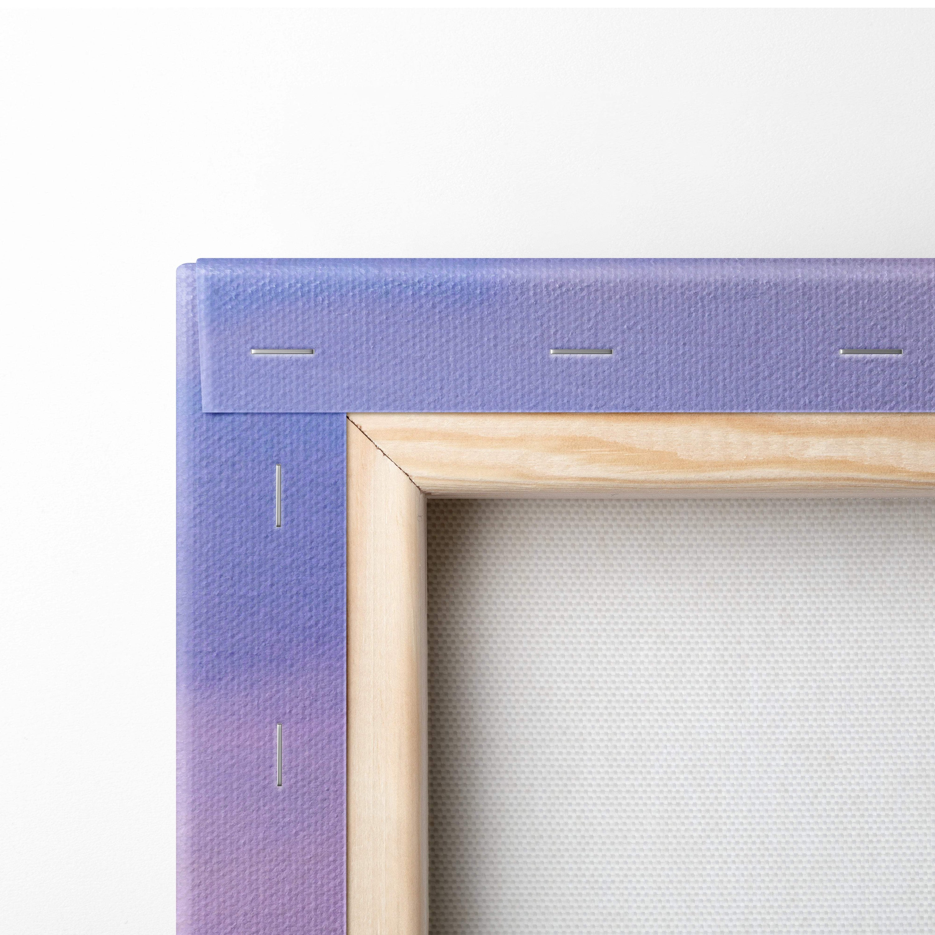Pastel ocean waves at sunrise canvas print with purple canvas and light wood frame soft coastal seascape wall art