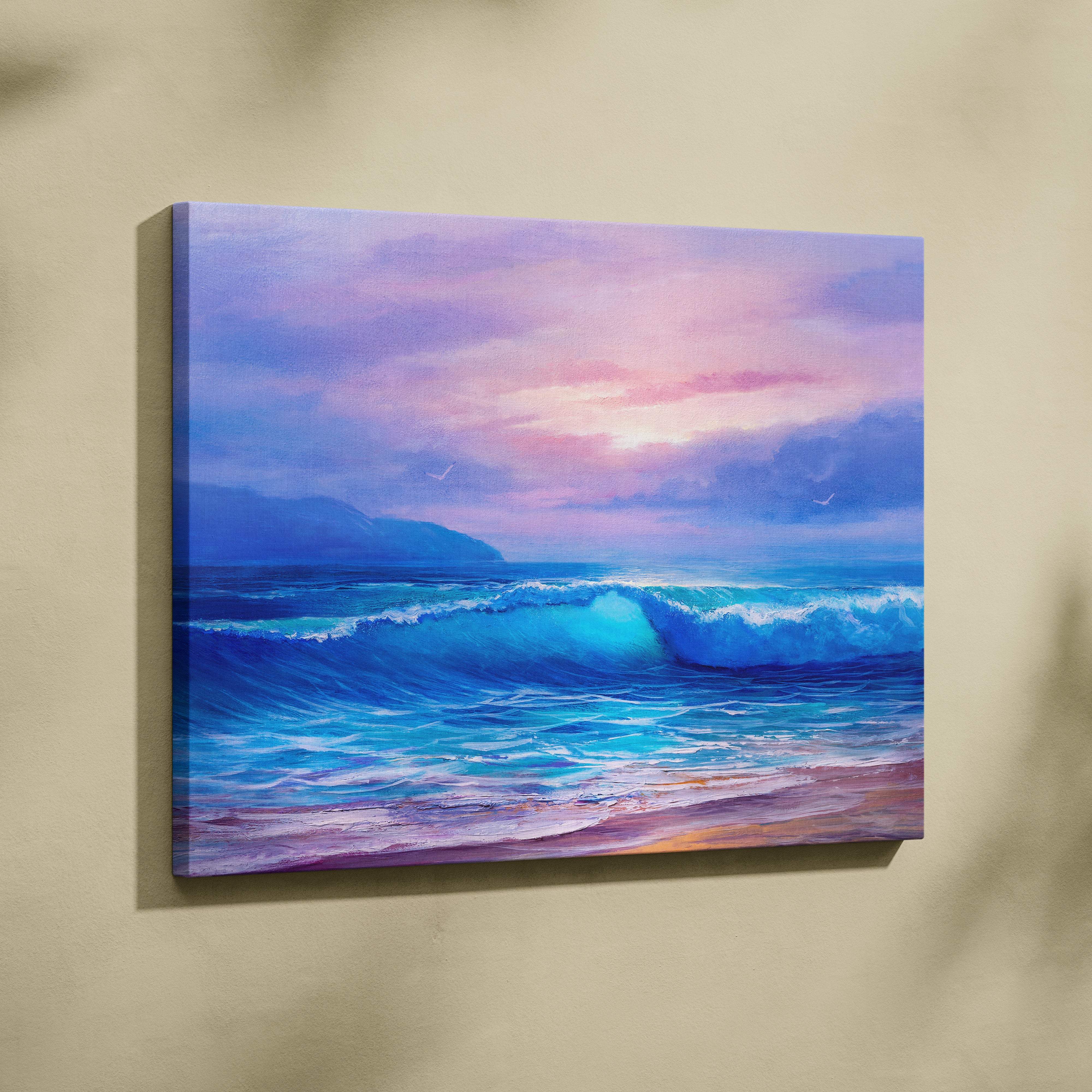 Pastel ocean waves at sunrise painting style wall art featuring vibrant blue and purple ocean waves with soft pink sky on canvas