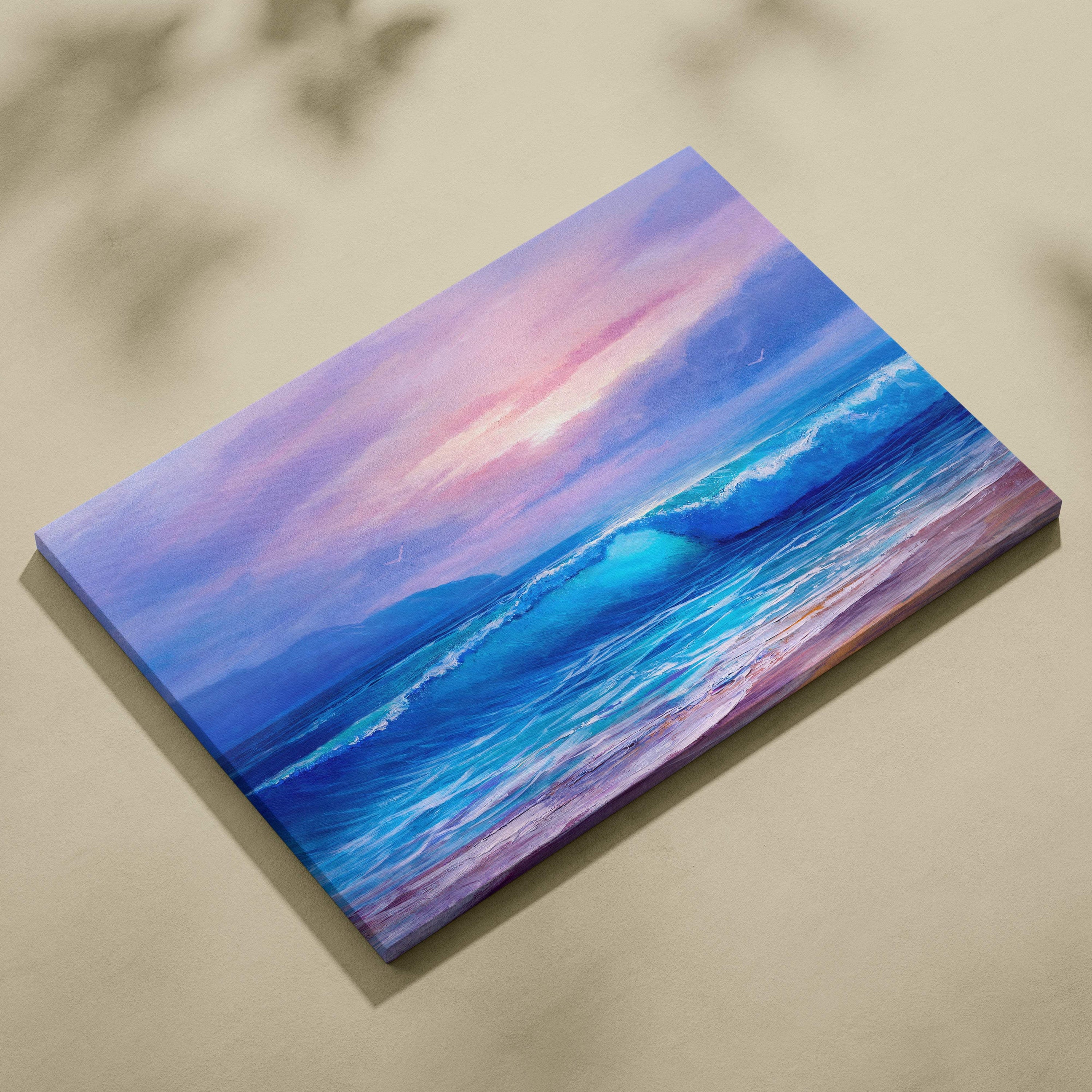 Pastel ocean waves at sunrise canvas print featuring vibrant deep blue and turquoise waves with a soft pastel sky