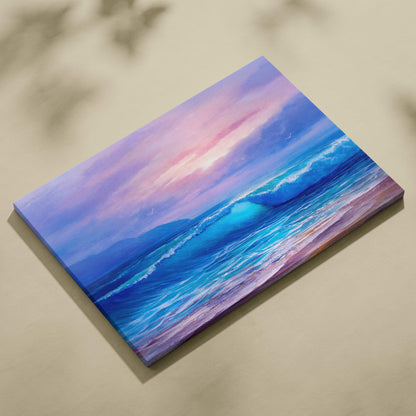 Pastel ocean waves at sunrise canvas print featuring vibrant deep blue and turquoise waves with a soft pastel sky