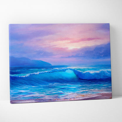 Pastel ocean waves at sunrise canvas print featuring vibrant deep blues and purples with soft pink clouds above