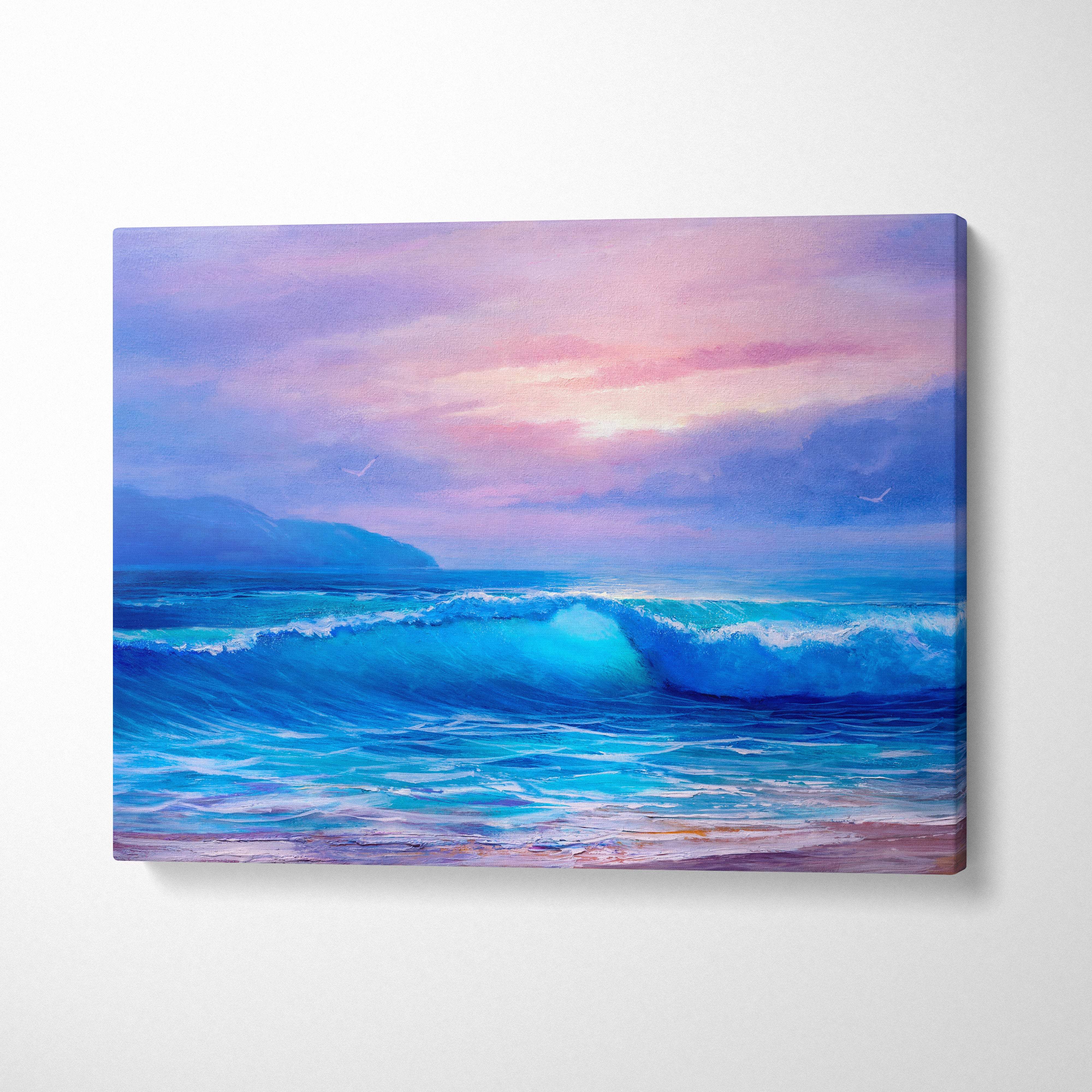 Pastel ocean waves at sunrise canvas print featuring vibrant blue and purple ocean wave painting with soft pink sky