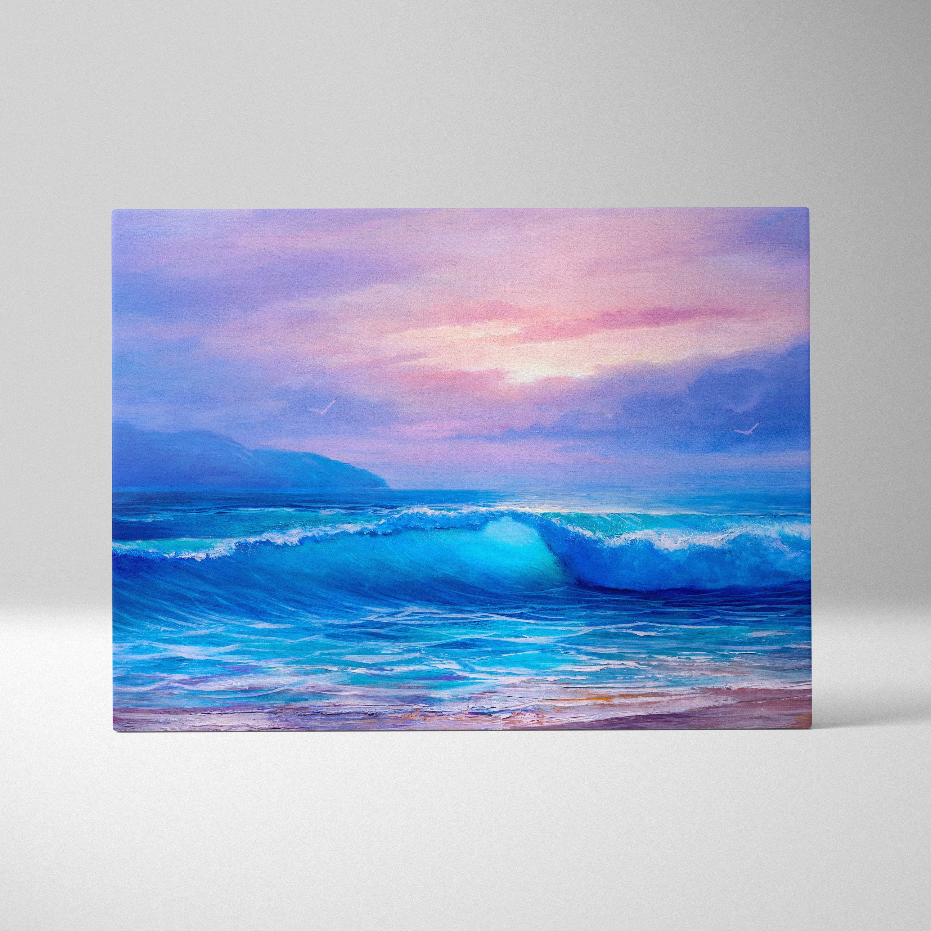 Pastel ocean waves at sunrise painting wall art featuring vibrant swirling blues and purples under soft pink sky canvas print